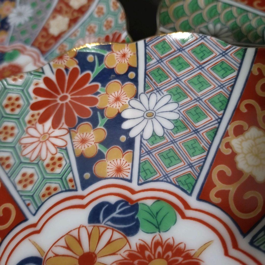 未使用品　有田焼　陶扇　銘々皿揃　中皿5枚　菊割皿　錦絵　赤絵　金彩　古伊万里