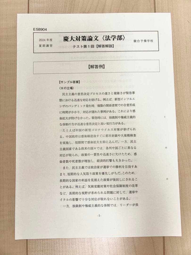 [駿台] 慶大対策小論文（法学部）セット 2024年度 夏期講習 直前講習