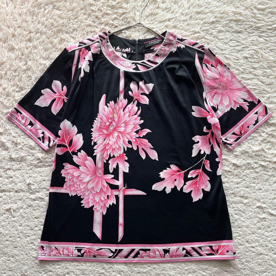 レオナール カットソー シャツ 総柄 花柄 トリム コットン 黒 ピンク L
