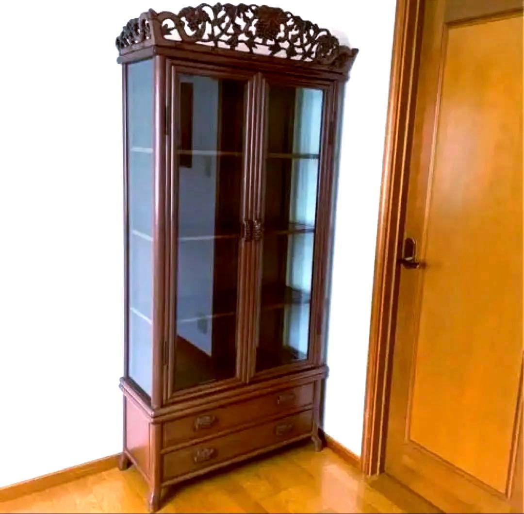 【極美品】アンティーク 三越購入 唐木家具 葡萄唐草透彫 飾り棚 キュリオケース