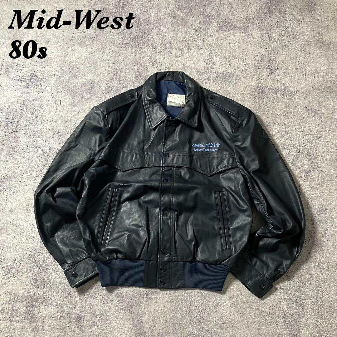 80sカナダ製短丈レザージャケット本革刺繍ボンバージャケット革ジャンブラック黒