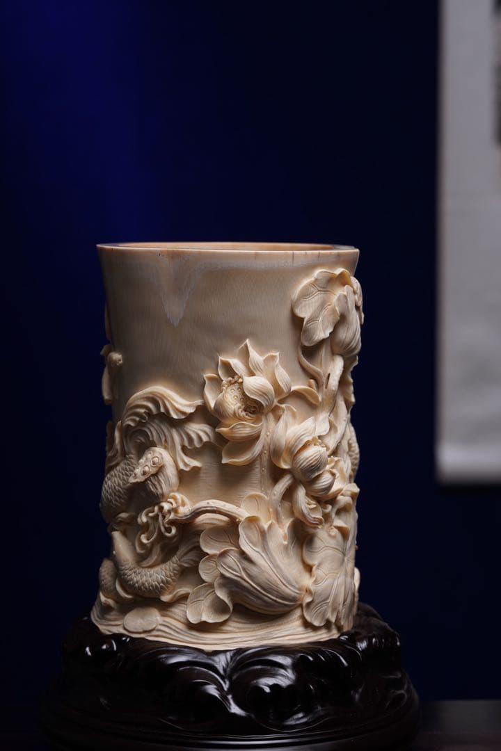 天然マンモス牙美しい手作り彫刻 金玉満堂 筆筒