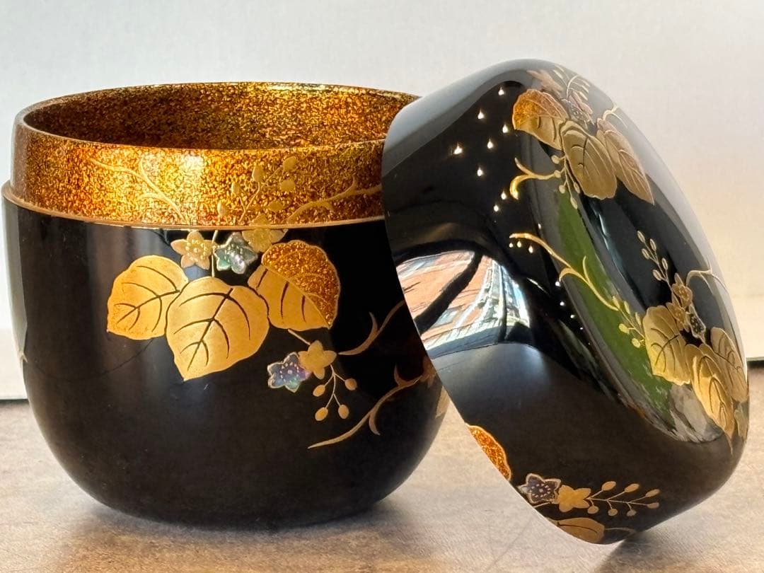 茶道具 桐蒔絵 黒大棗 内梨地 蒔絵師 渡辺松悦 棗 共箱