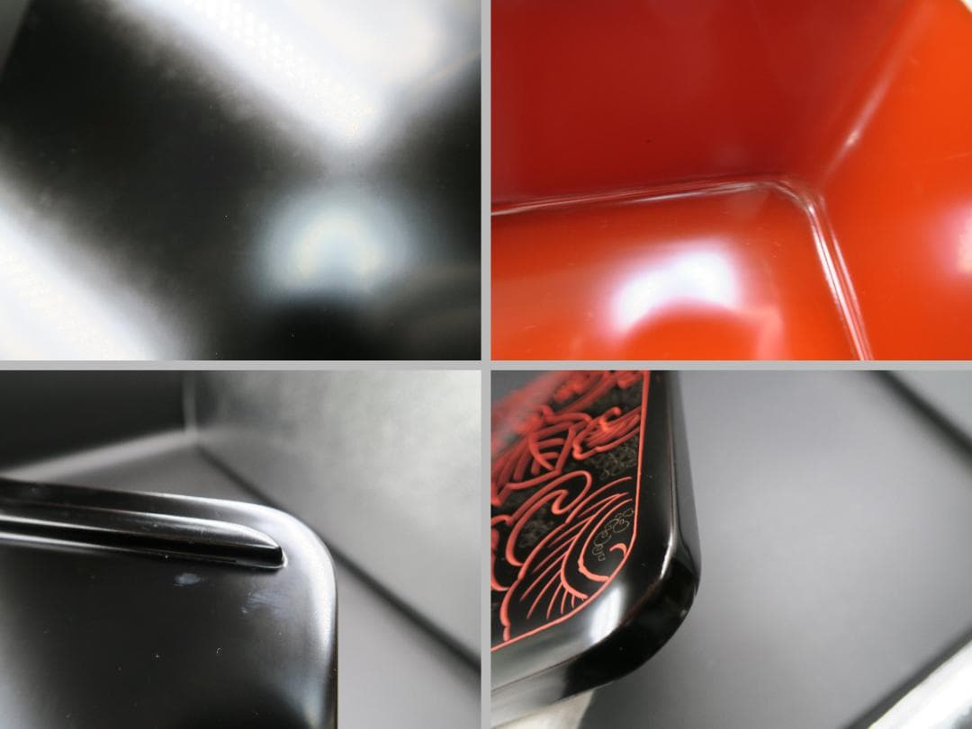 【輪島塗】沈赤牡丹彫 塩安謹製 二段重箱 茶托 銘々皿 五客揃まとめて 共箱