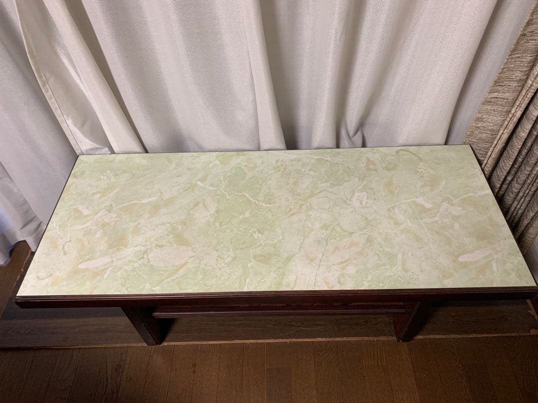 木製ローテーブル 緑色大理石調