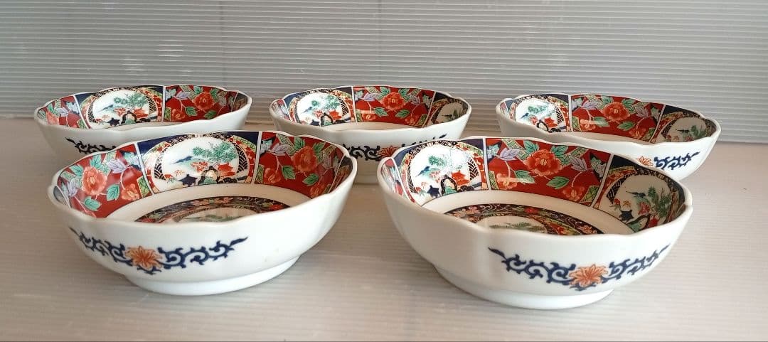 有田焼　昇龍窯　古伊万里　中鉢揃　5枚セット　赤絵　浅鉢　中皿　金彩色絵　煮物鉢