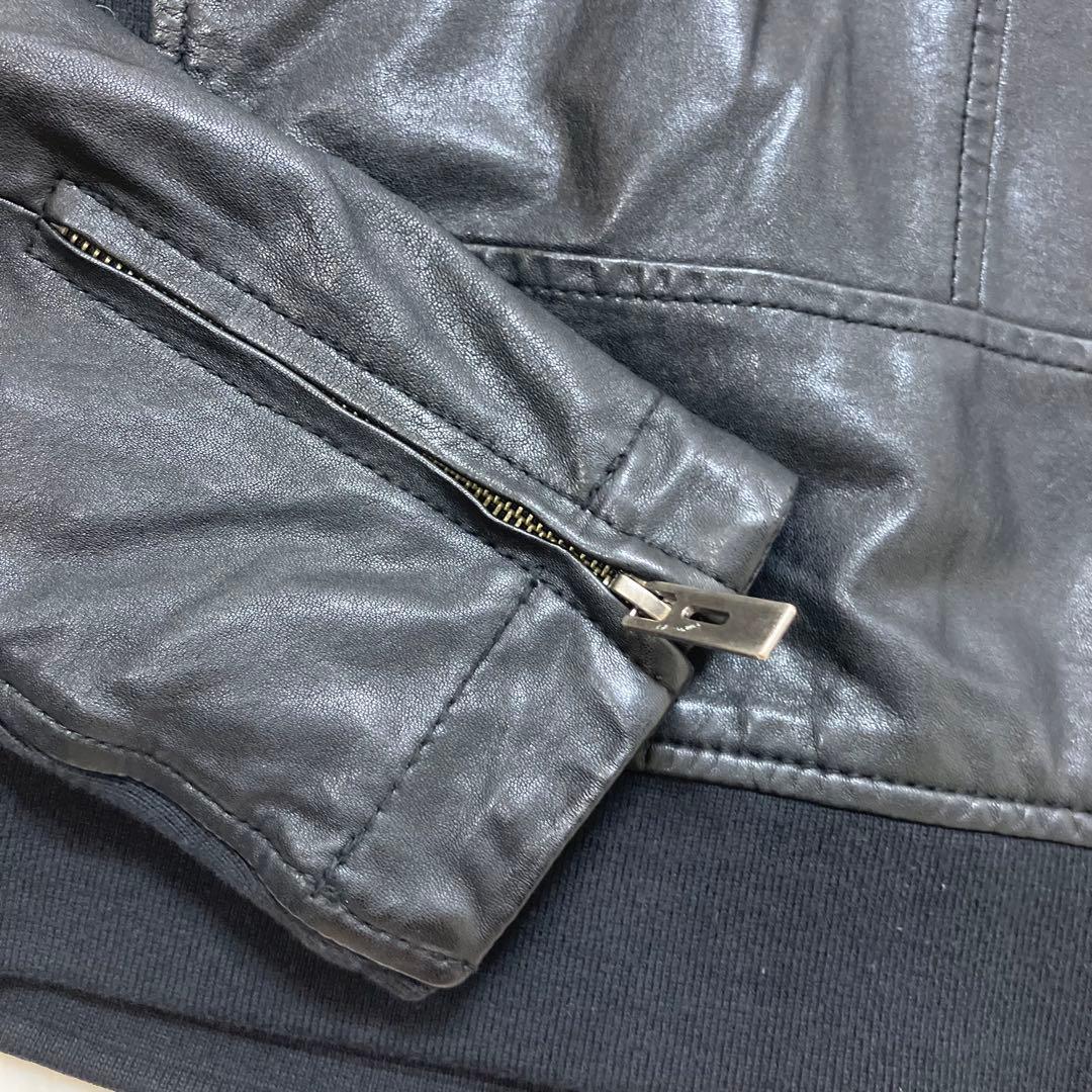 美品 アルマーニジーンズ ニット切替 羊革 ラム レザージャケット ライダース