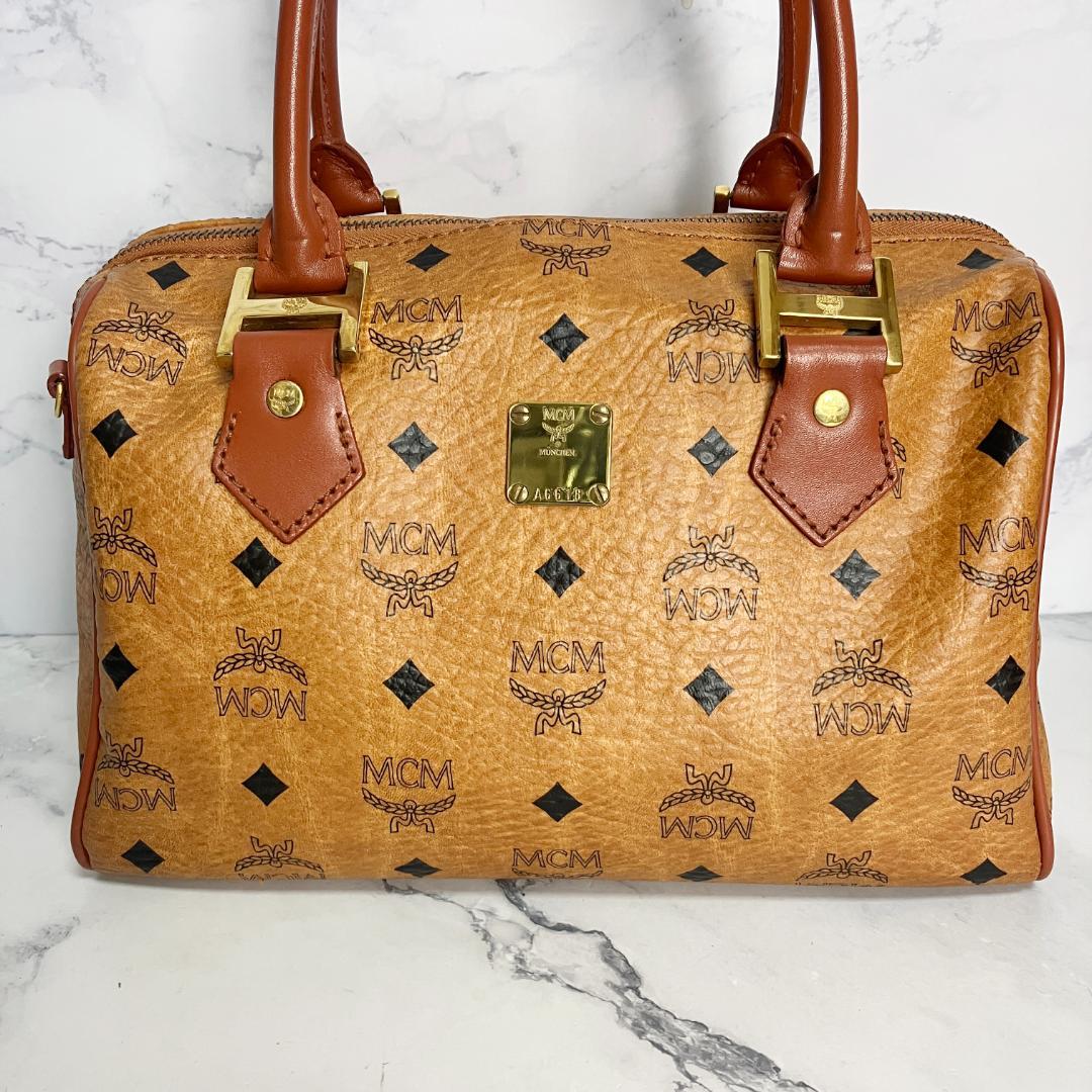 B702【美品】MCM★シボ革 ミニボストンバッグ ブラウン レザー