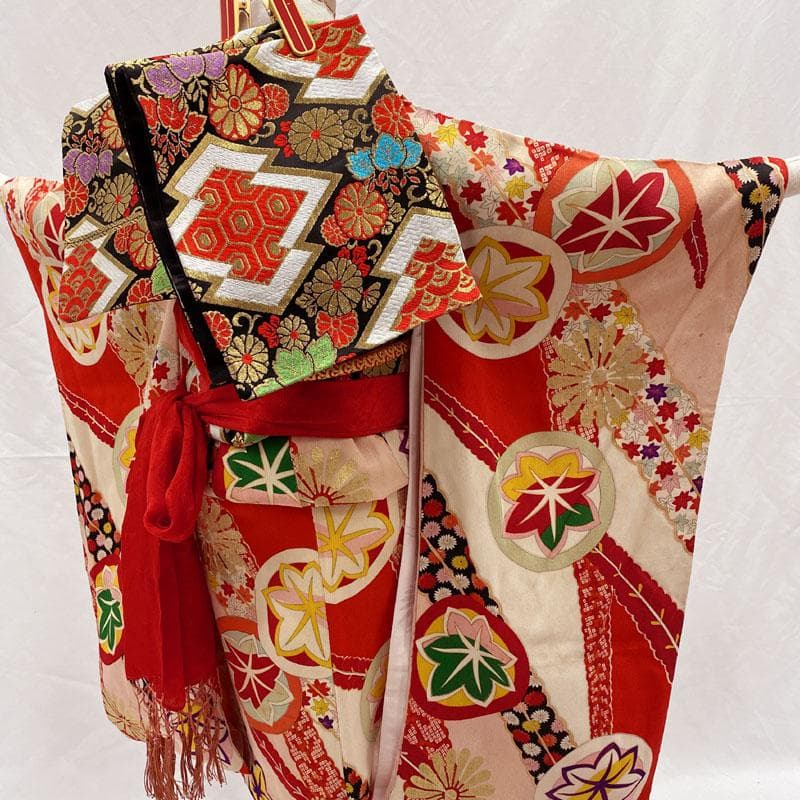 510ag47◎七五三 七歳 女児 アンティーク着物&袋帯 レトロ 総柄 赤◎