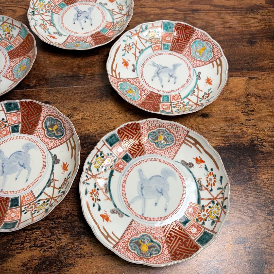 古伊万里　赤絵麒麟図七寸皿五客　大皿/中皿/アンティーク/お皿 020