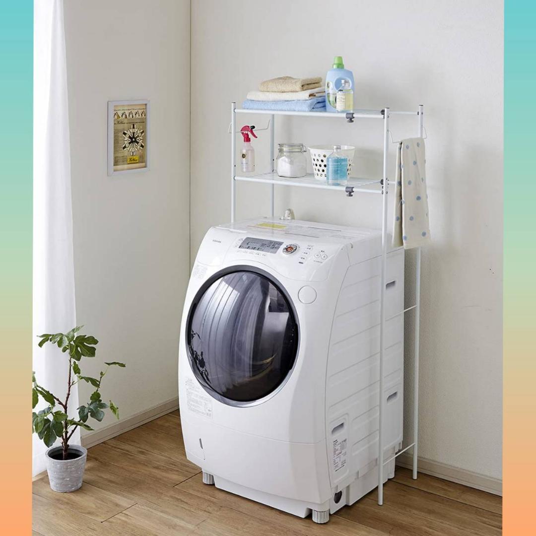 棚2段 ホワイト ランドリーラック タオル掛け付き 丸パイプ