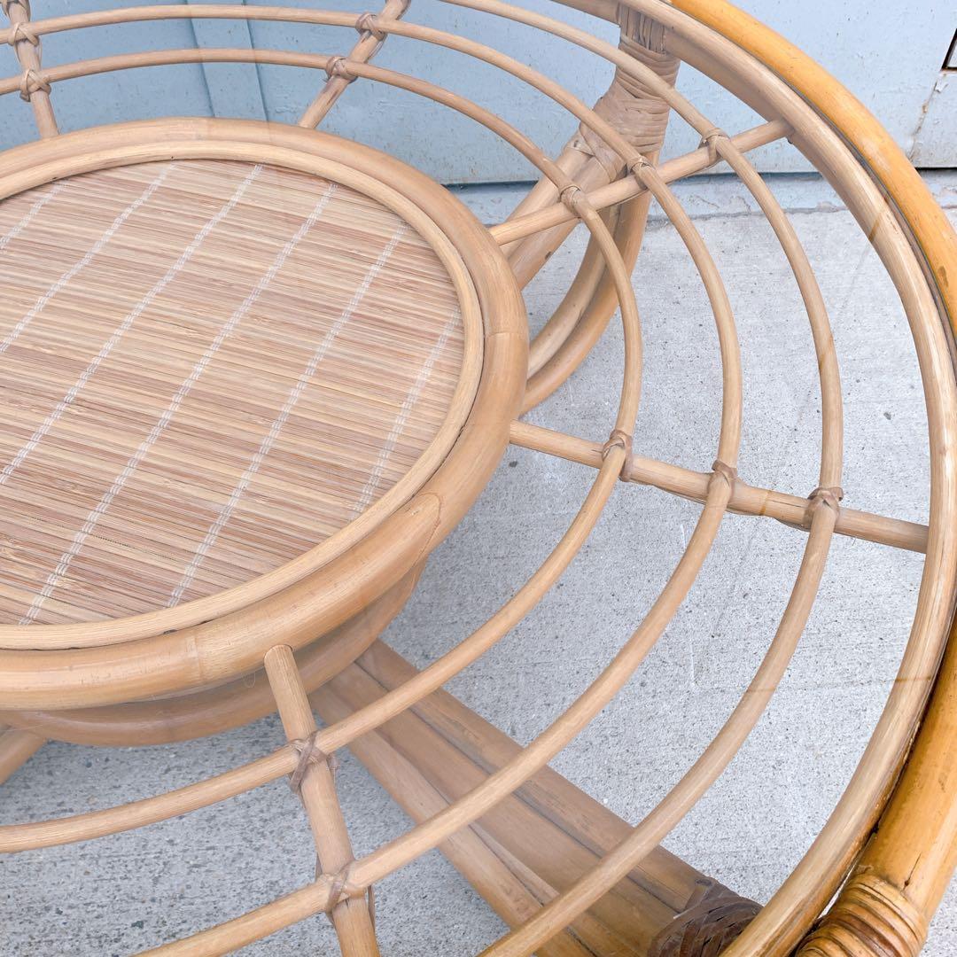 【送料込】アンティーク ラタンガラスローテーブル 藤家具 古民具 昭和レトロ