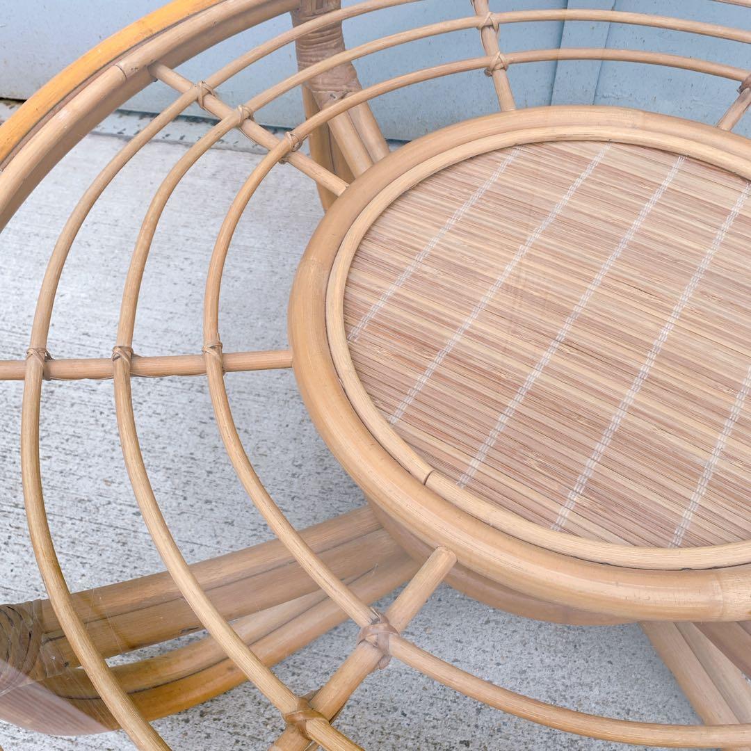 【送料込】アンティーク ラタンガラスローテーブル 藤家具 古民具 昭和レトロ