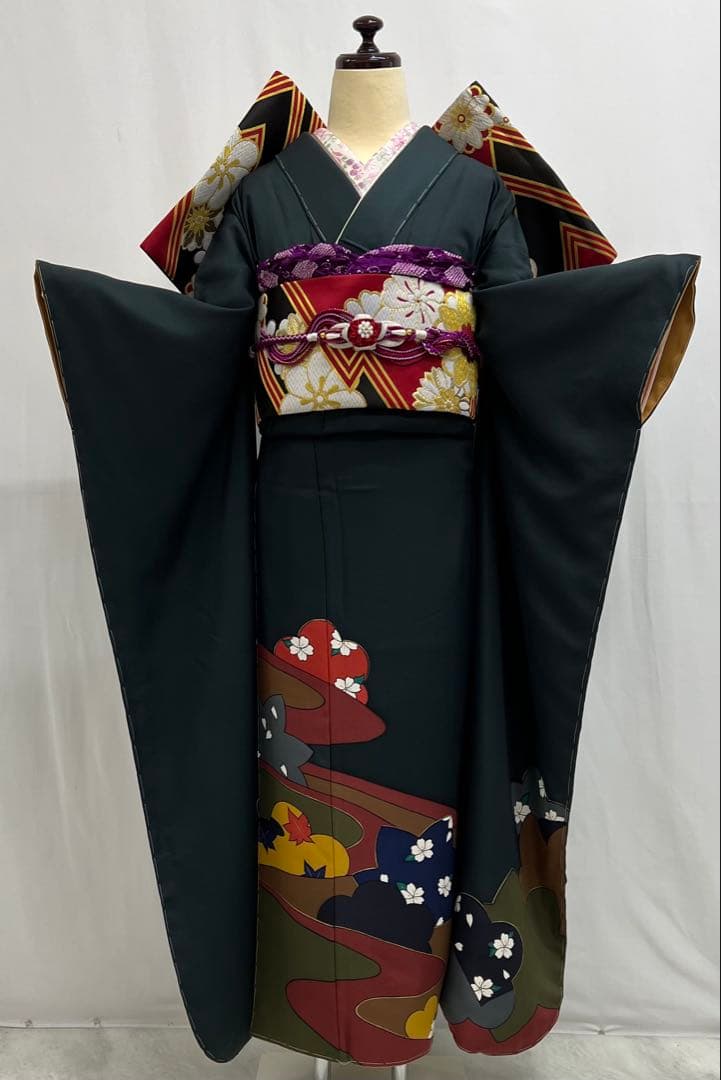振り袖　フルセット　 玄才　金彩　しつけ付　成人式　深緑　全通長尺袋帯　590