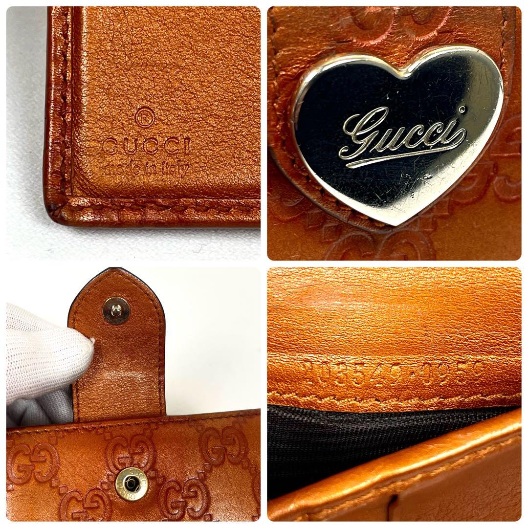 グッチ　二つ折り財布　ハートロゴプレート　GGシマレザー　型押しエンボス　美品