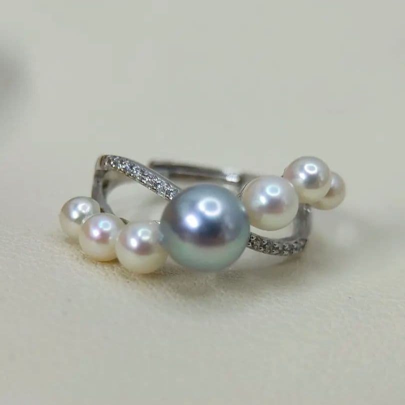 本真珠　あこや真多麻ナチュラルブルー7㍉　S925フリーサイズリング　新品