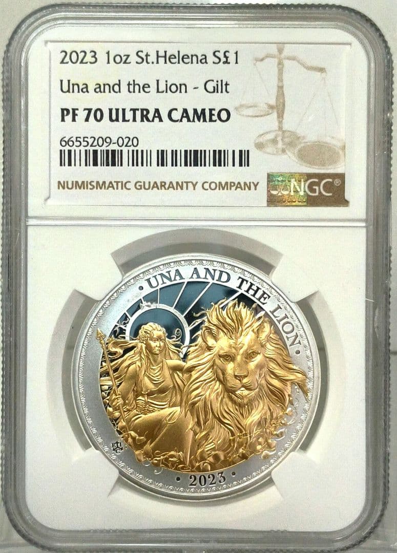 2023 ウナとライオン 1oz £1ゴールドプレート銀貨 NGCPF70UC②