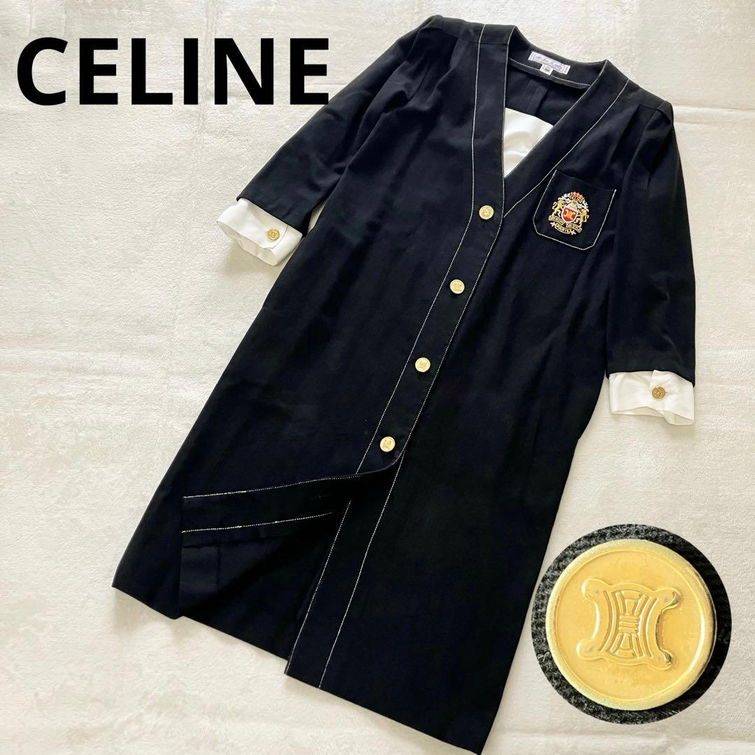 ★美品★セリーヌ　デニムワンピース　40 トリオンフ　金ボタン　エンブレム　刺繍