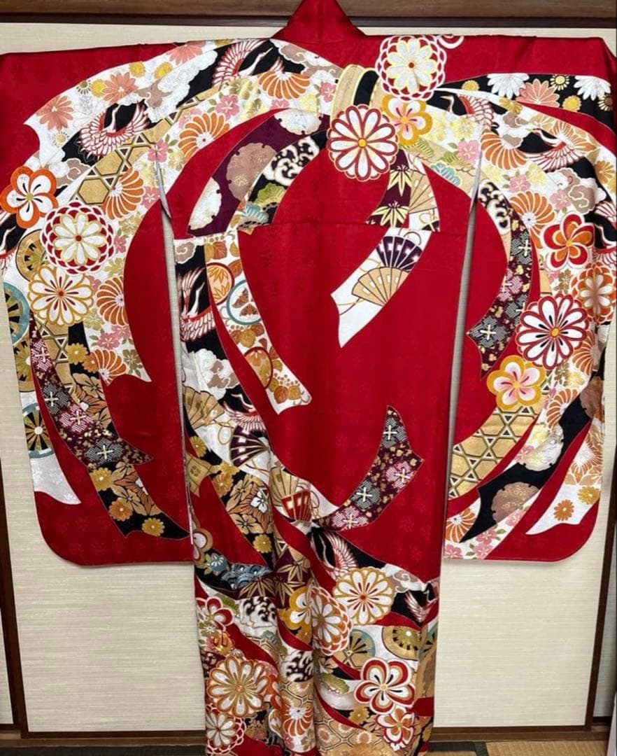 赤 吉祥文様 熨斗 鶴 華 振袖 身丈161