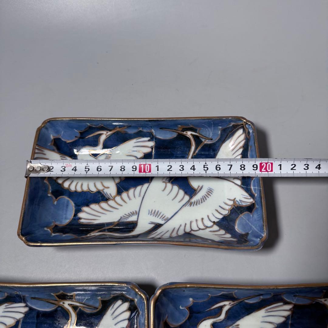 幕末明治期　染錦白鷺文様長皿　五客　古陶を楽しむ　アンティーク食器　料理屋