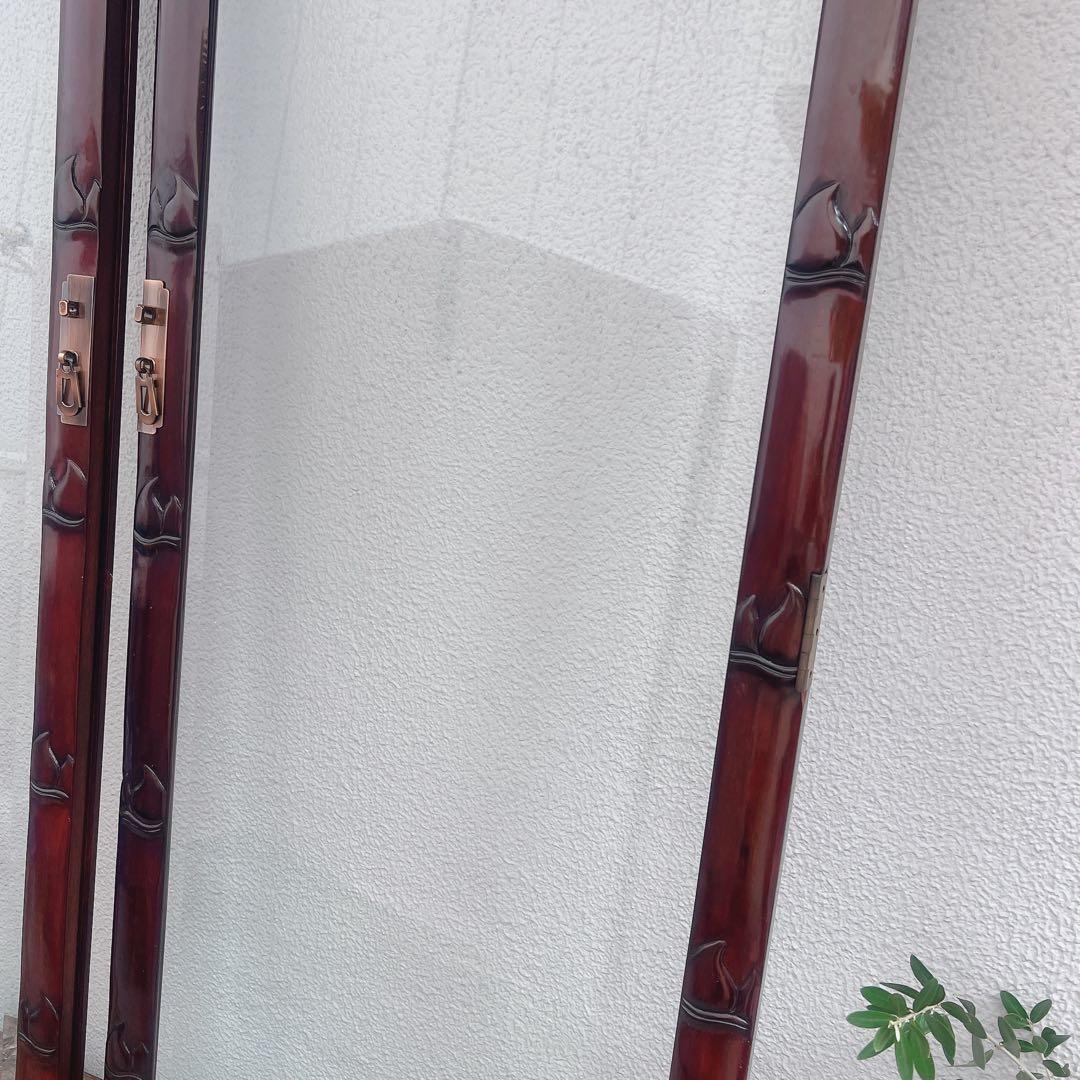 美品　中国の古い装飾扉　ドア　竹模様　木製　観音扉　両面ガラス　建具