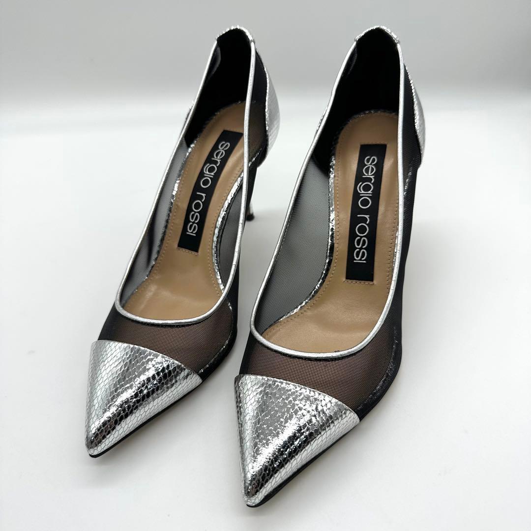美品★セルジオロッシ レザー メッシュ パイソン パンプス シルバー