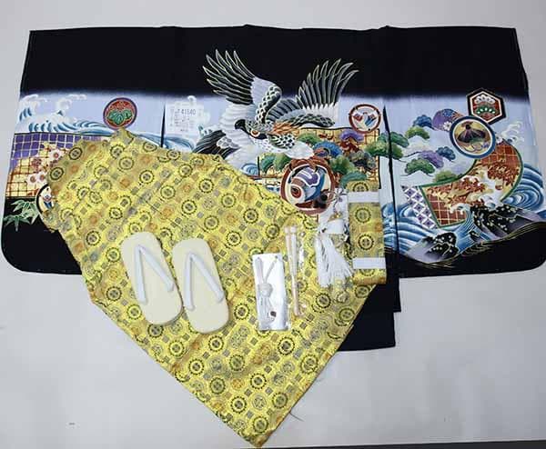七五三 五歳 男児 正絹 着物 羽織袴フルセット 黒地 鷹 袴変更可能