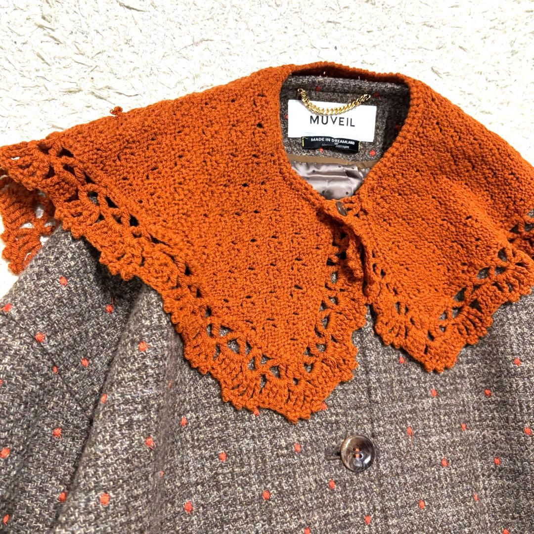 極美品　ミュベール　ニットカラー付ドット刺繍コート　ツイードコート　人気完売品