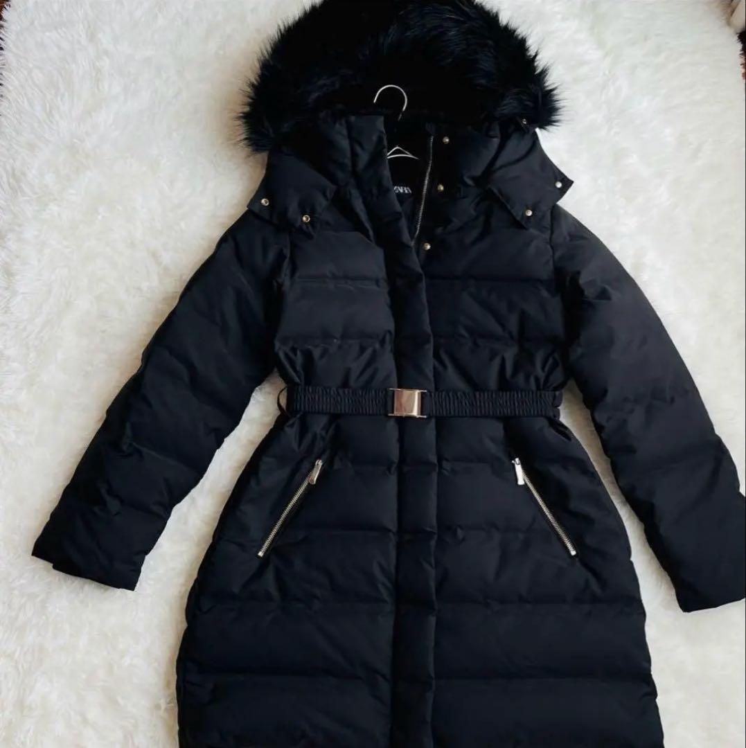 ZARA ダウンコート 24年製 ファー ボア ベルト付き Aライン Sサイズ