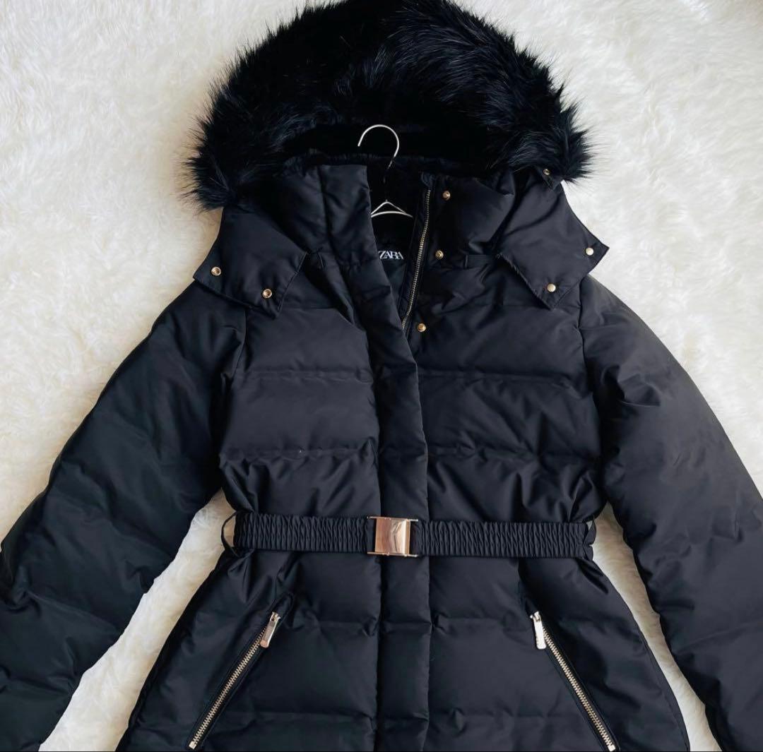 ZARA ダウンコート 24年製 ファー ボア ベルト付き Aライン Sサイズ