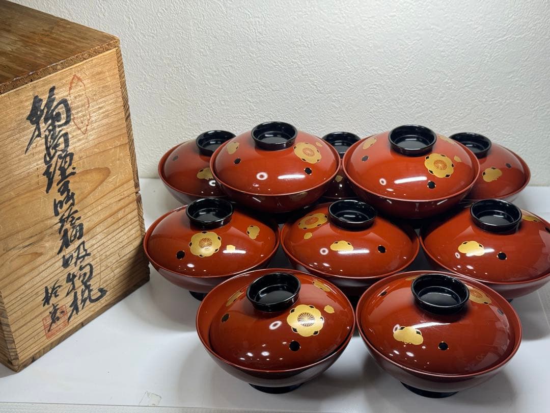 輪島塗 蒔絵椀 梅 吸物椀 蓋付 汁椀 10客 木製 共箱付き