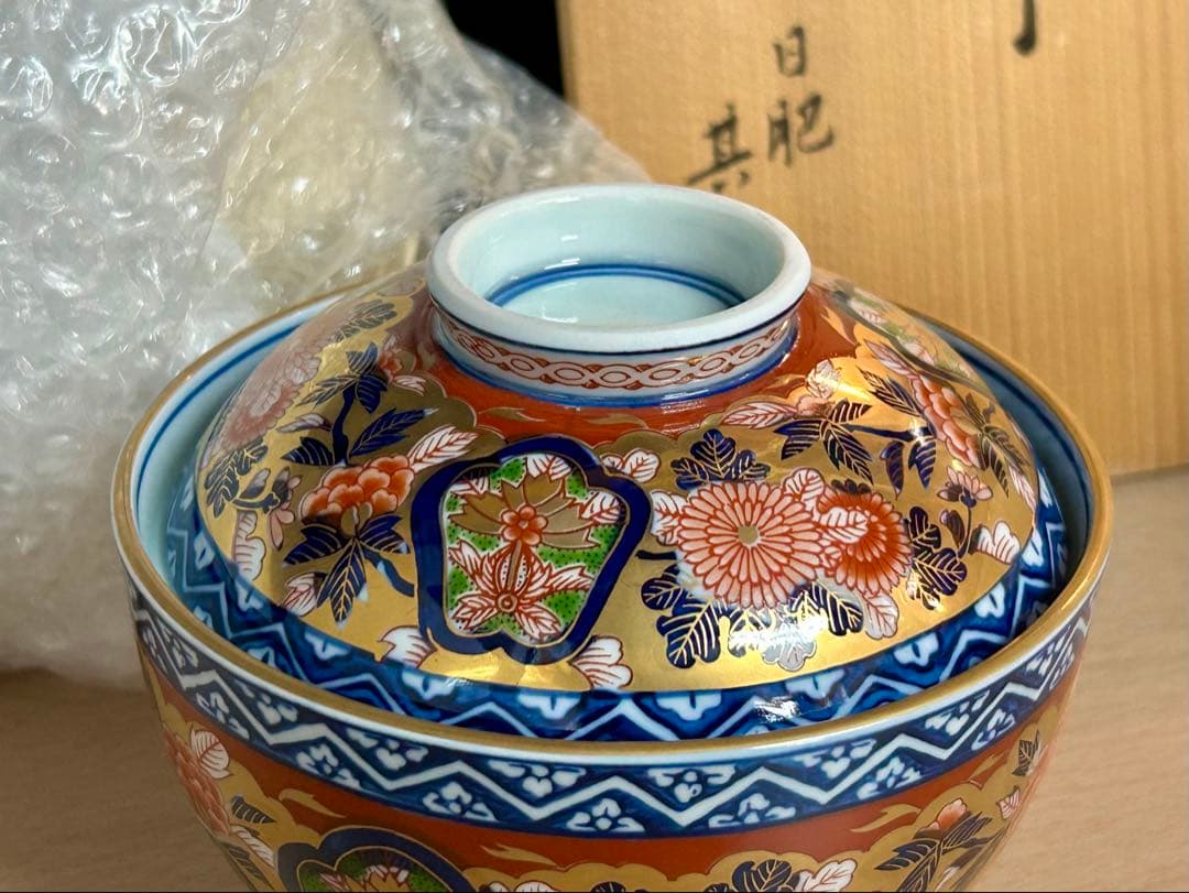 有田　日肥　其泉　極錦金彩　古伊万里蓋付碗5客　未使用