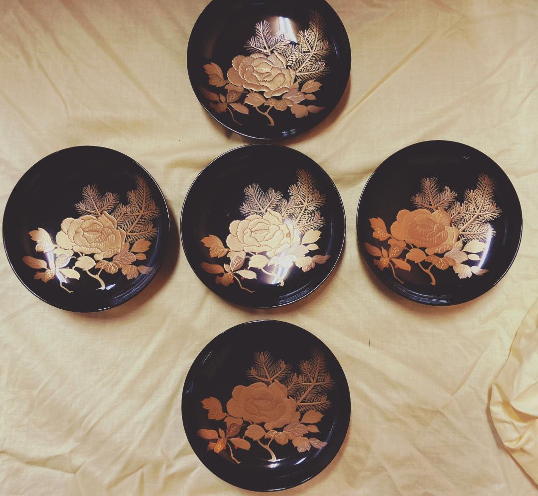 【値下げ】 京蒔絵 牡丹 ぼたん 蒔絵 溜塗 蓋付椀 【5客】