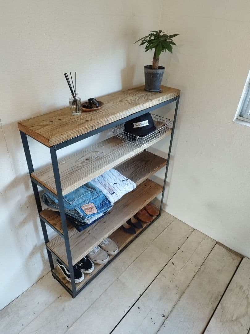 オープンシェルフ　アイアンシェルフ　アイアン家具　靴棚　什器　古材
