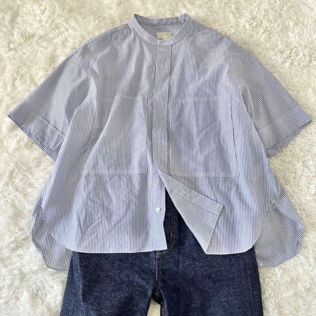 希少✨ドゥロワー シャツ　コットンバンドカラーブラウス 36 ブルーストライプ