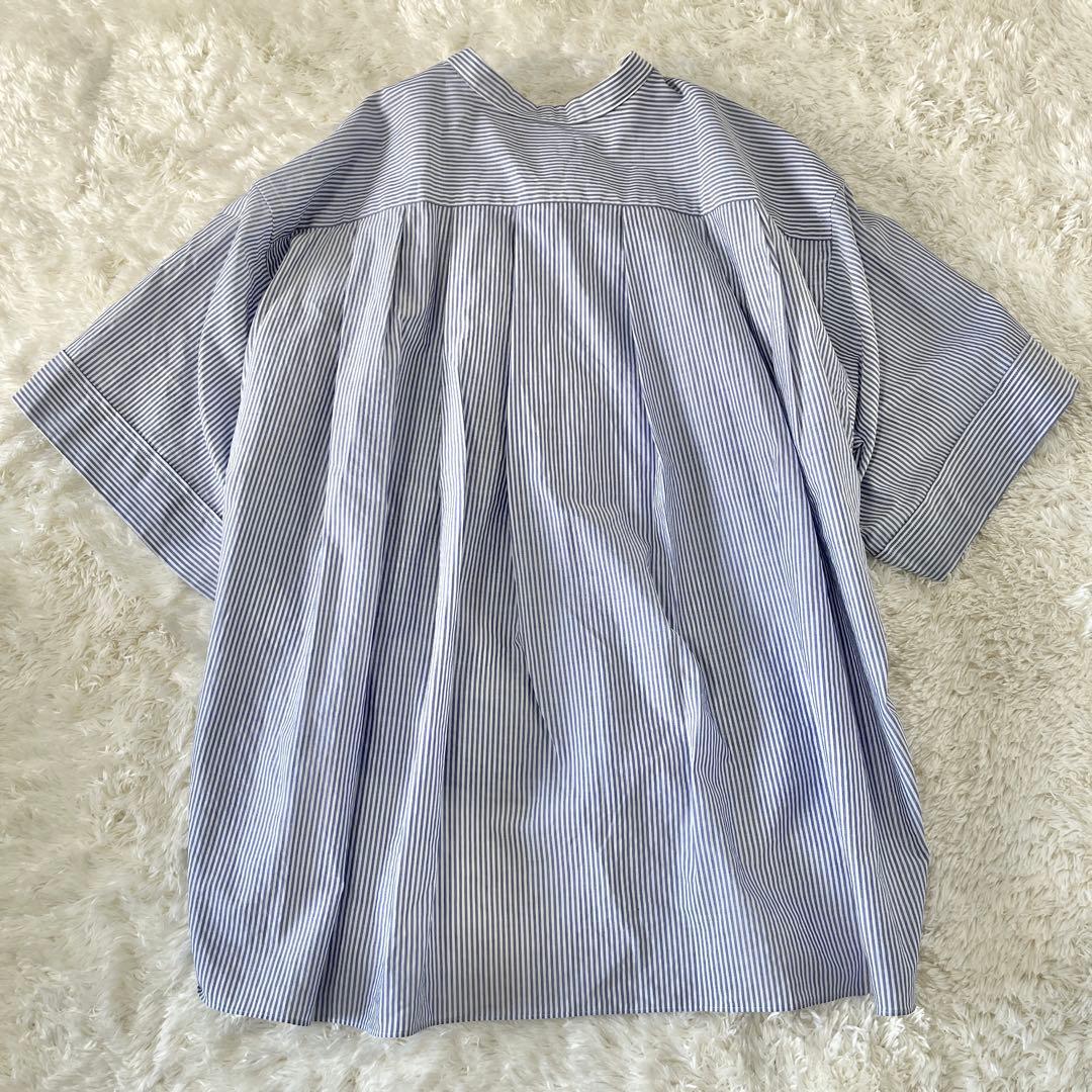 希少✨ドゥロワー シャツ　コットンバンドカラーブラウス 36 ブルーストライプ