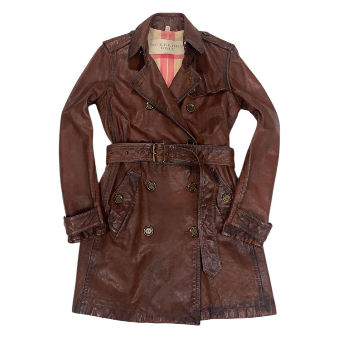 希少 バーバリーブリット レザー トレンチコート レディース US-40M-L