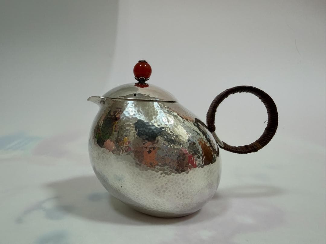 純銀製 鎚目 玉石摘 急須 銀瓶 煎茶道具