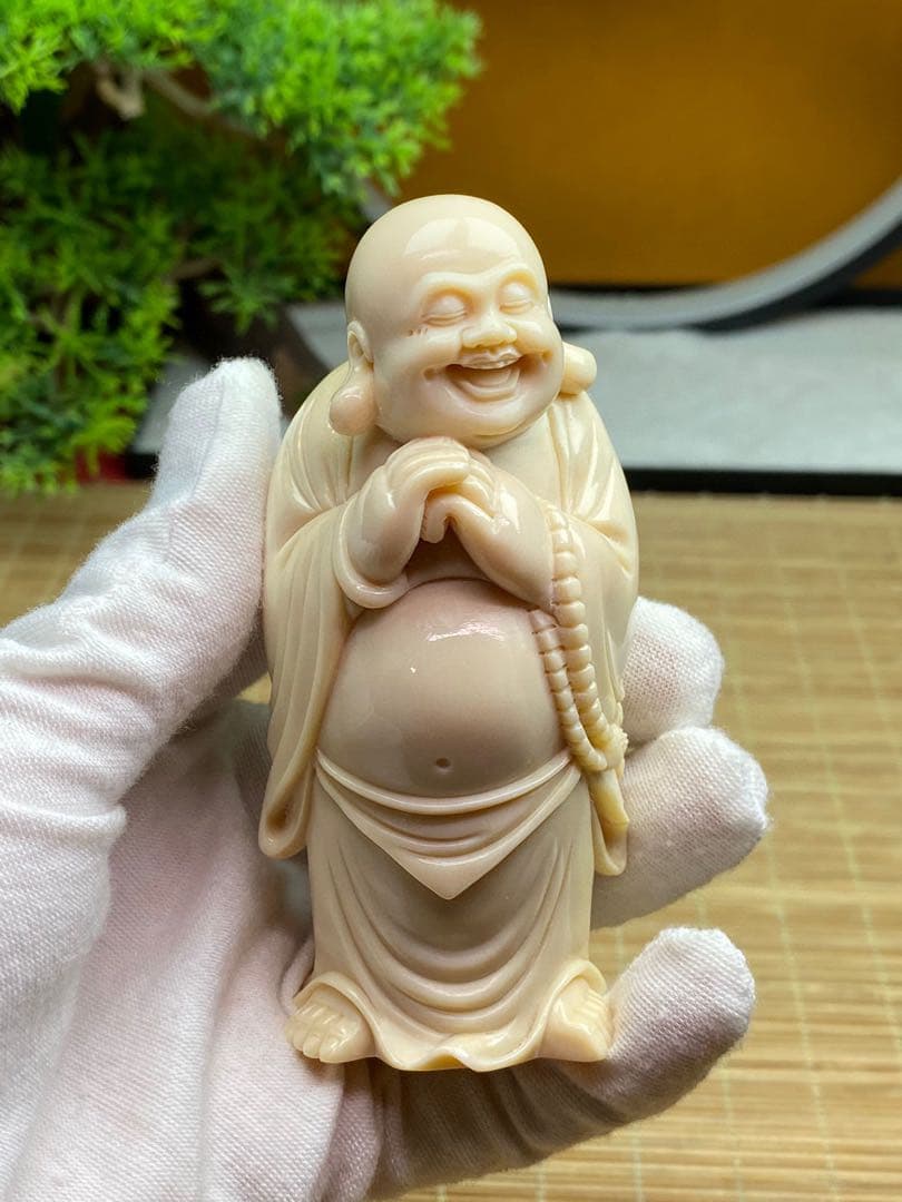 天然マンモス牙精巧な手作り彫刻招財弥勒 置物