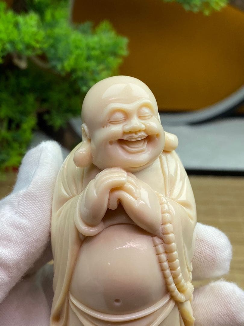 天然マンモス牙精巧な手作り彫刻招財弥勒 置物