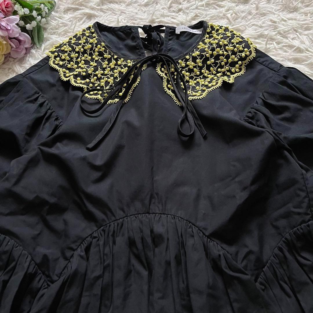 極美品■セシリーバンセン　パフスリーブ　刺繍カラー　ブラウス　シルク　黒