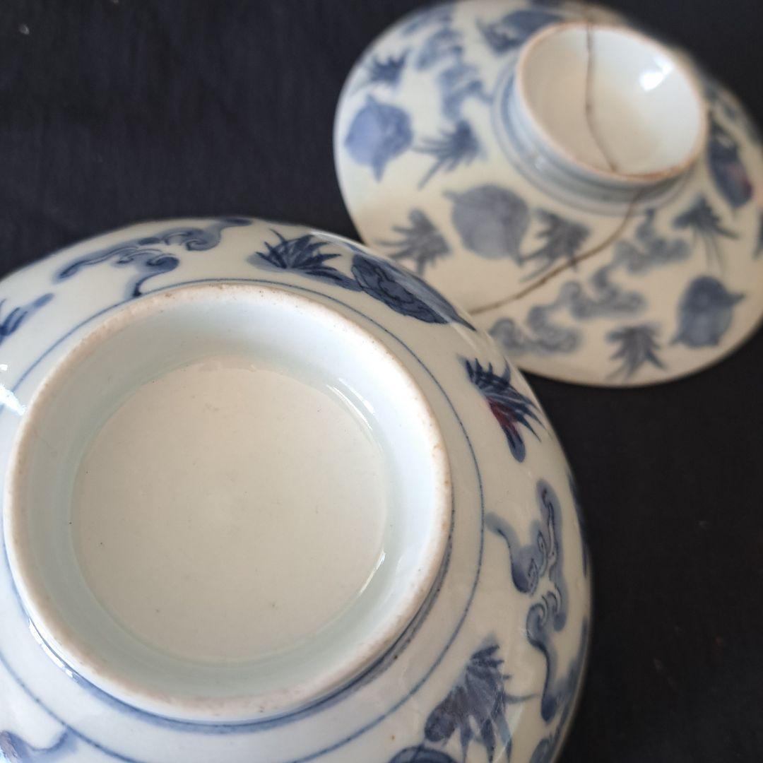 「大人気 波兎(なみうさぎ)の古伊万里蓋茶碗(直径12cm)」 染付碗 骨董アン