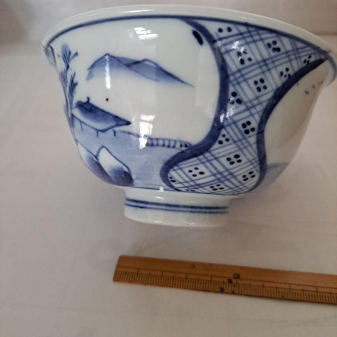 江戸中期　盛化年　薄焼　反縁　白磁椀　染付青磁　縦三割文　古伊万里染付