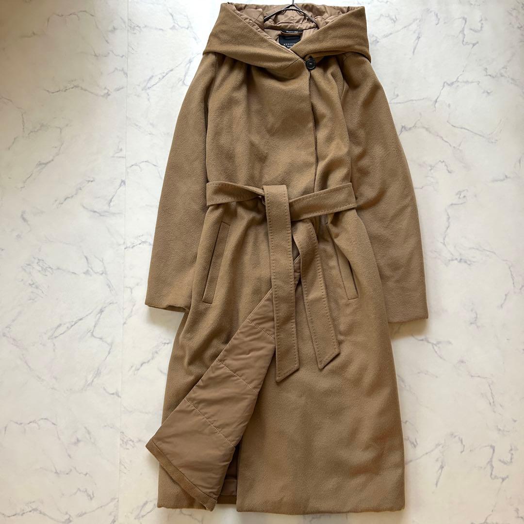 マックスマーラ シルク混コート フード ベルト 近年モデル キャメル