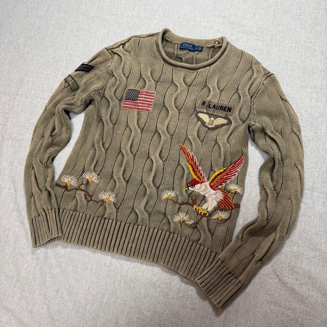 【人気モデル】美品 ラルフローレン コットン ケーブルニット 星条旗 イーグル
