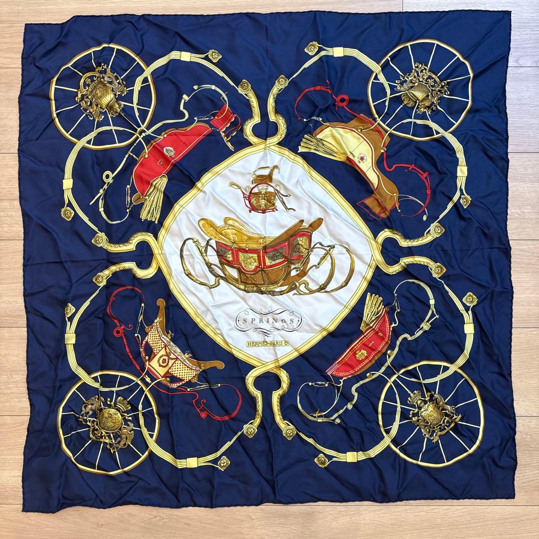 HERMES スプリングス シルクスカーフ ネイビー