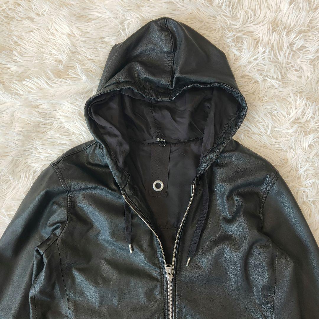 美品✨エディション　レザーフードジャケット　ブルゾン　羊皮　黒　ライダース