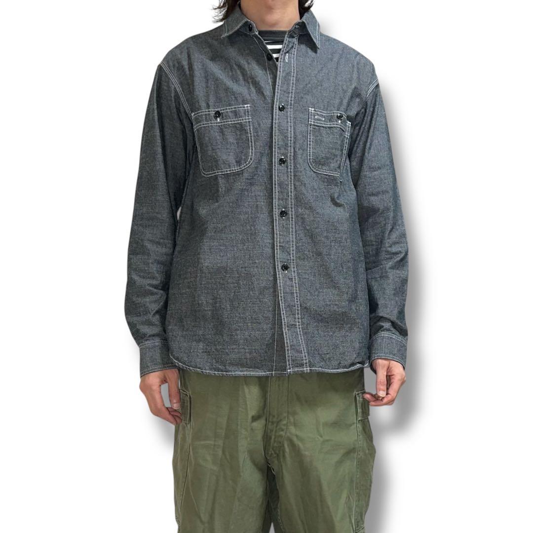 希少 BIG MIKE 猫目ボタン マチ付き ブラックシャンブレー 長袖シャツ