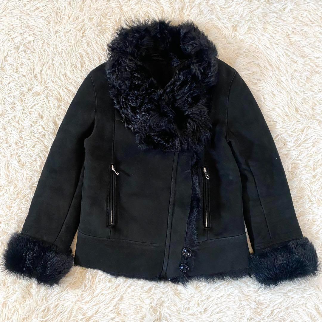 美品 スタニングルアー ムートン 羊革 ファー ライダースジャケット ダブル 黒