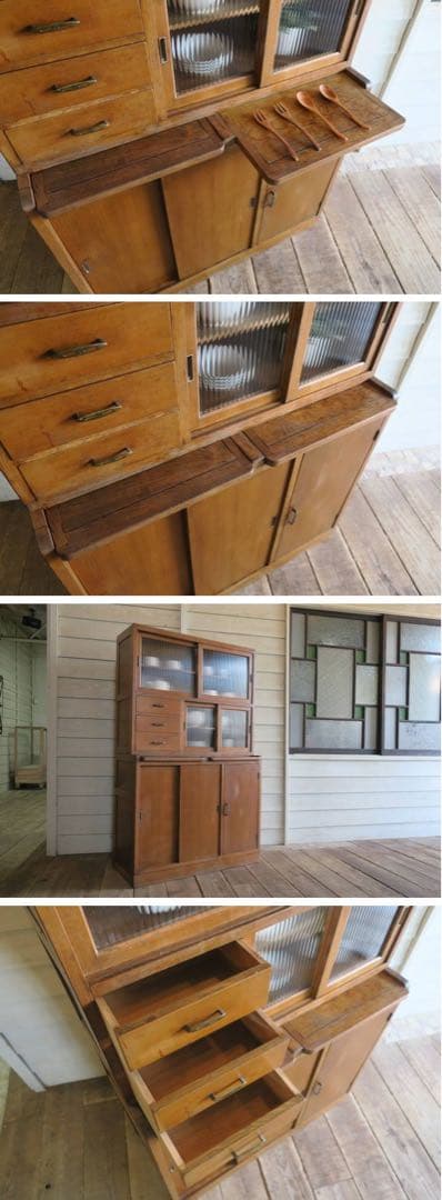 無垢材　モールガラス　水屋箪笥　昭和レトロ